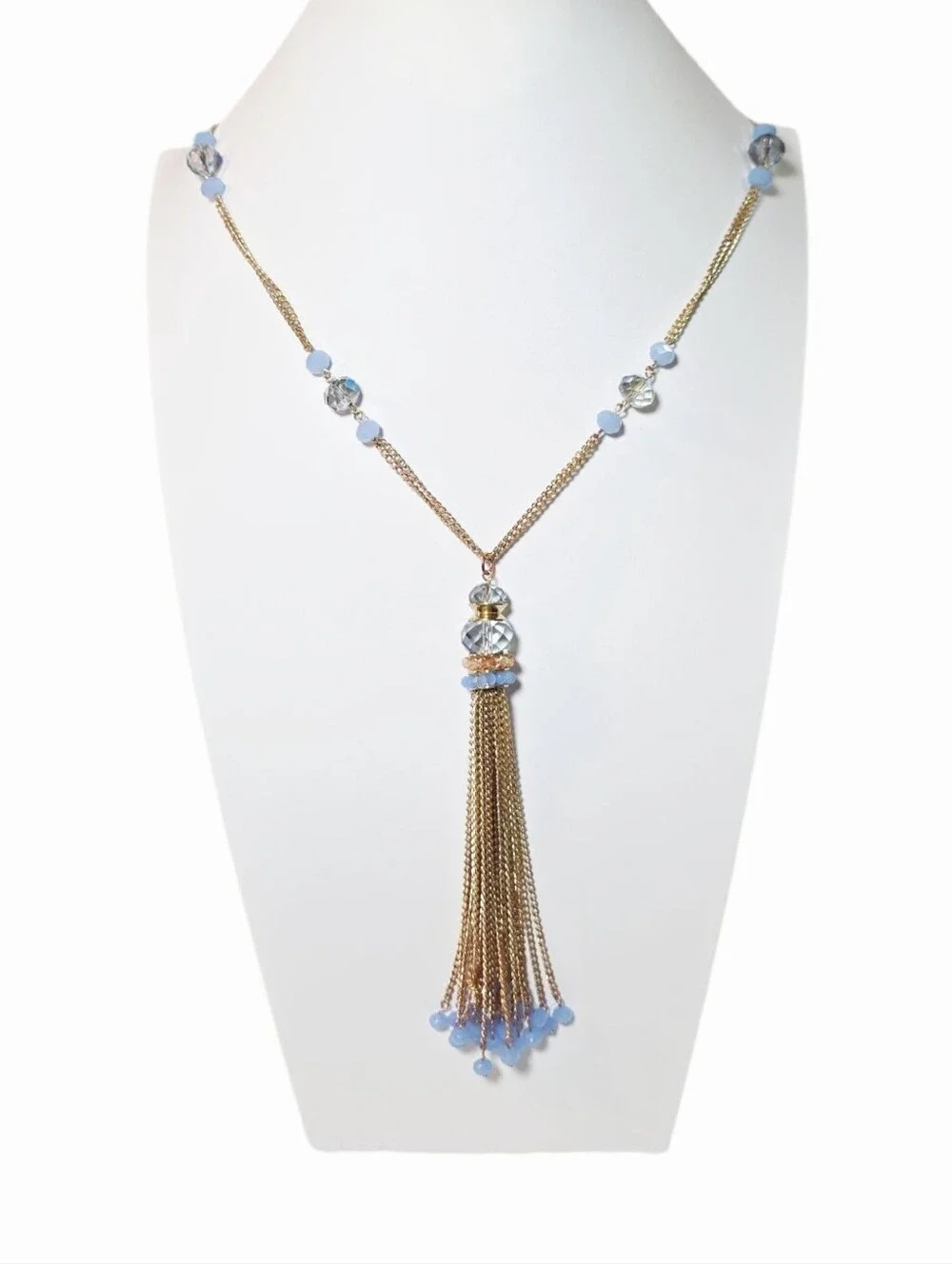 Gold Tassel Pendant Necklace with Periwinkle Blue Beads